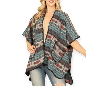 Fadivo New York Southwest Knit Blanket Cape/Ruana With Patch Pockets OS